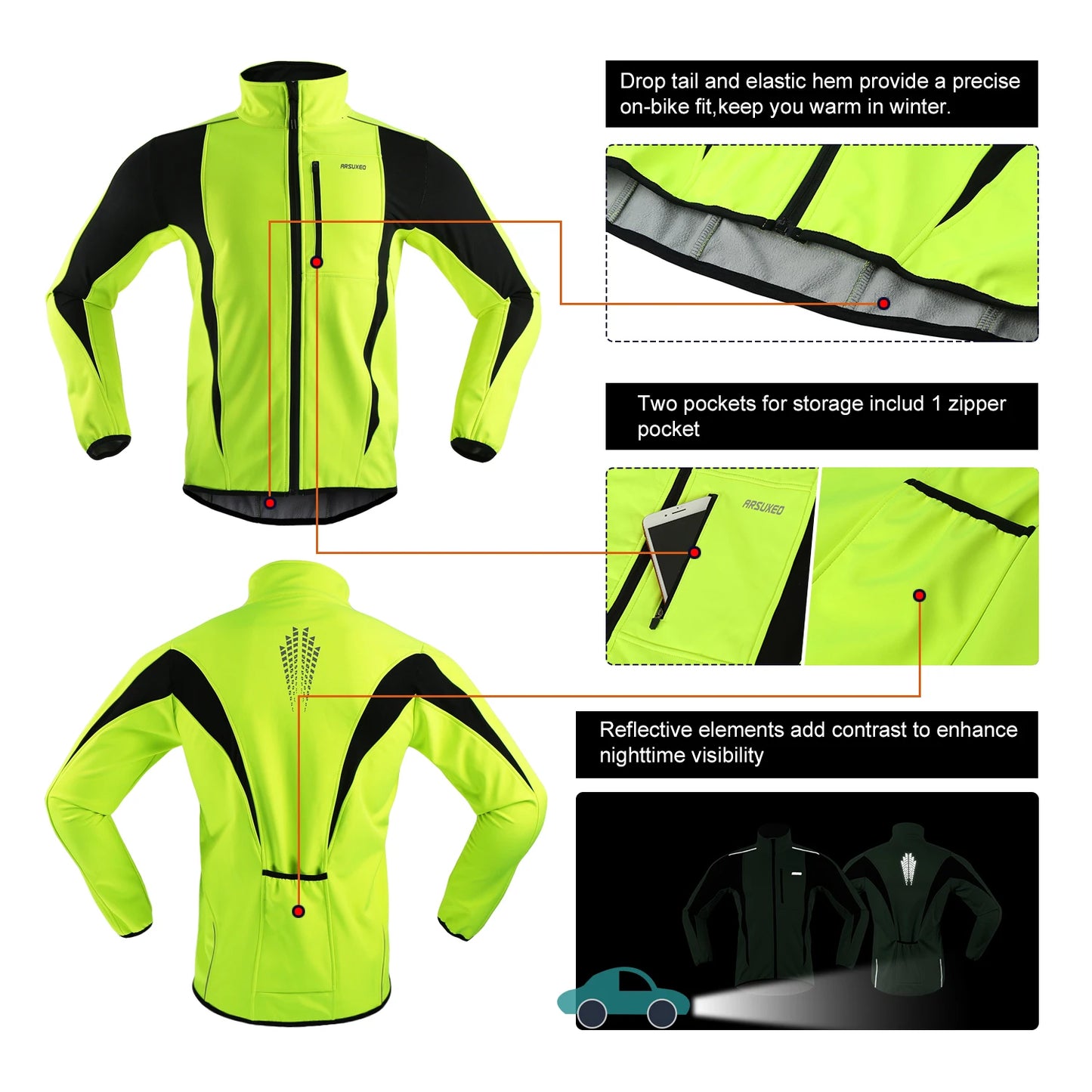 ARSUXEO Men's Warm Cycling Jacket Fleece Bike Jersey Windproof Waterproof Softshell Coat Bicycle Clothing Motorcycle Raincoat