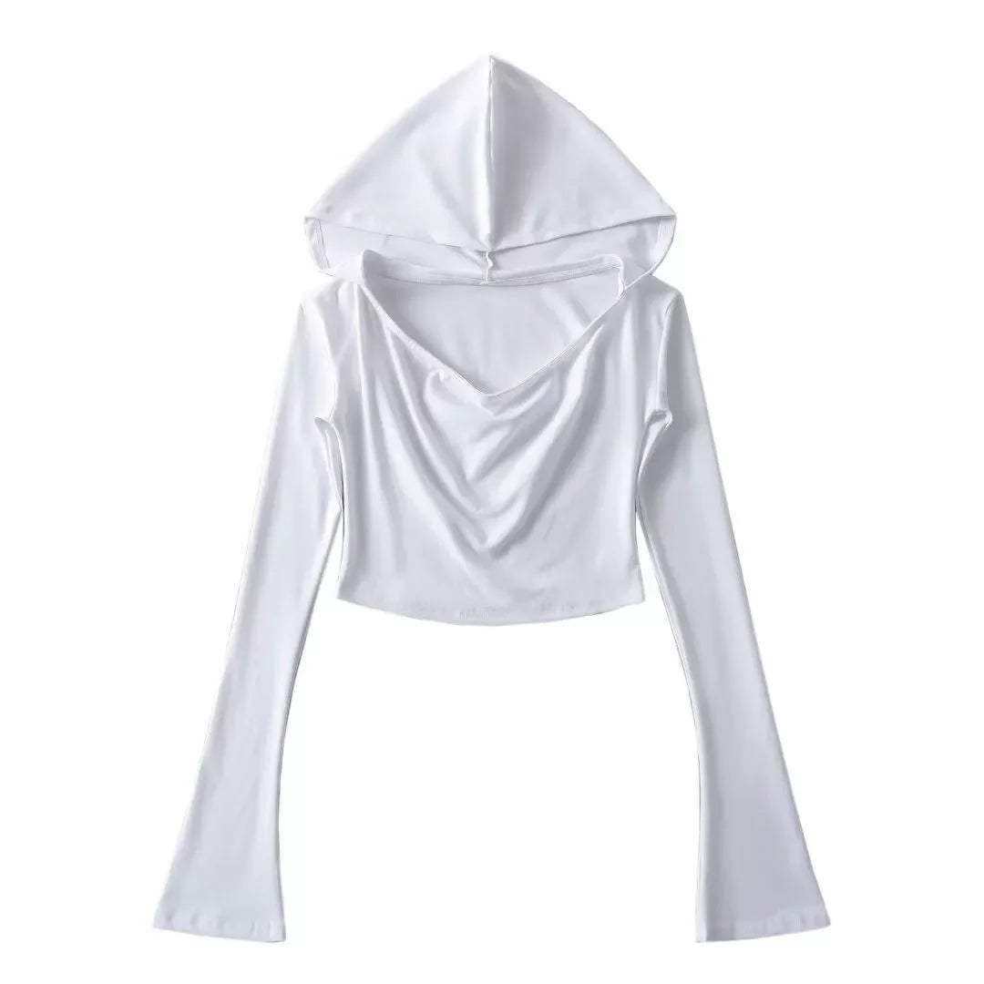 Flare Long-sleeve Hooded Crop Top Women Fall Solid Color Elastic Casual Tee Shirt Pullover Pile Collar Y2k T-shirt