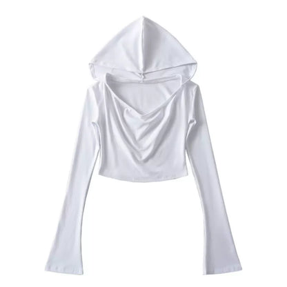 Flare Long-sleeve Hooded Crop Top Women Fall Solid Color Elastic Casual Tee Shirt Pullover Pile Collar Y2k T-shirt