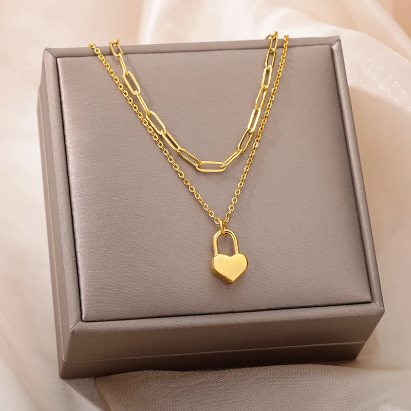 Double Layer Hollow Clavicle Chain Stainless Steel Necklace For Women Punk Hip-Hop Streetwear Jewelry Dropshipping