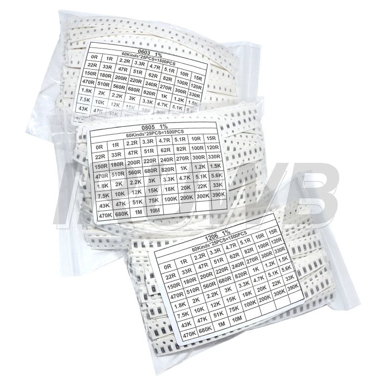 1500PCS/Set Resistors Assorted Set SMD 60 Values X 25Pcs 0R-10M Ohm 1% High Precision Film Chip Resistance Kit 0603 0805