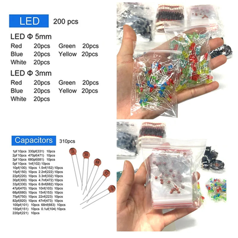 Electronic components kit Final edition Various common capacitors Resistors Resistors Capacitors T0-92 LED transistors PCB DIP-I