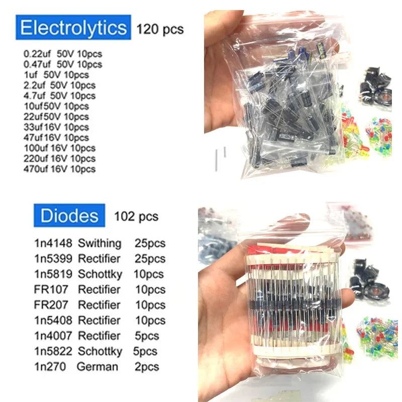 Electronic components kit Final edition Various common capacitors Resistors Resistors Capacitors T0-92 LED transistors PCB DIP-I