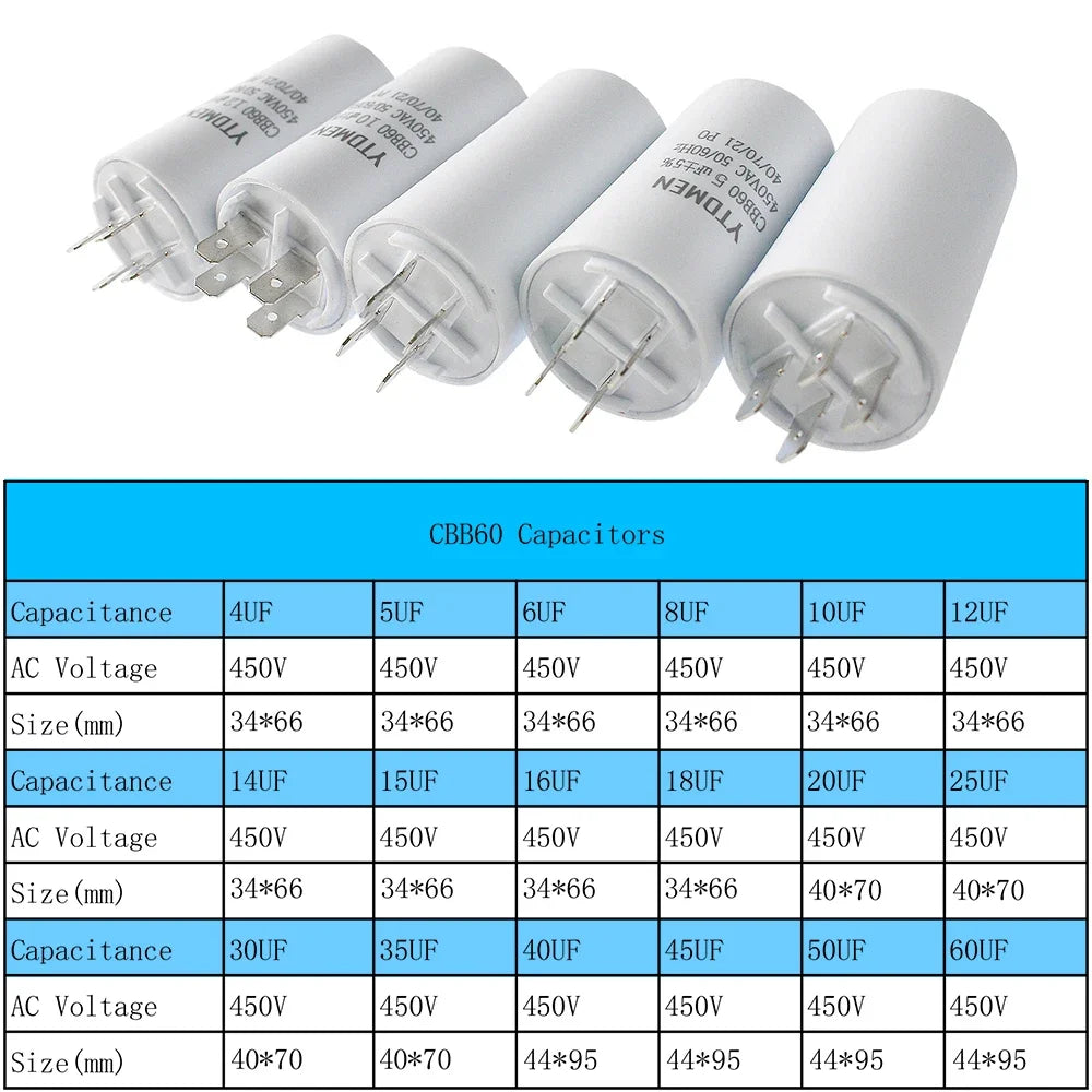 CBB60 Motor Capacitors with Screw Double Insert 450V AC Starting Capacitor 4uF~60uF capacitance for Air Compressor Water Pump