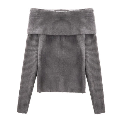 Women Off Shoulder Sweater Long Sleeve Off-the-Shoulder Knitted Tops Rib-knit Jumper Pullover Female Casual Outfit Fall Winter