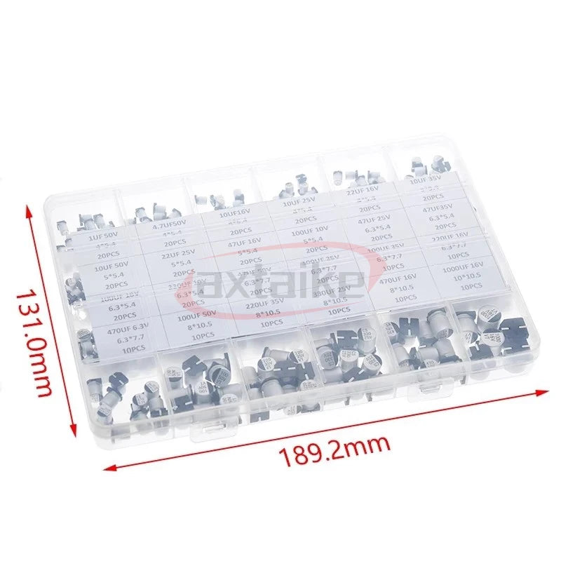 400Pcs 1UF~1000UF 10V 16V 25V 35V 50V 100V 24 Value 47uF 680uF SMD Aluminum Electrolytic Capacitors Assortment Kit + Box