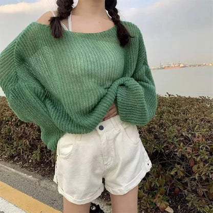 Simple Hollow Out Knitting Sweater Women Lazy Style Off Shoulder Thin Pullover Sweater Female Trendy Loose All-Match Knit Jumper