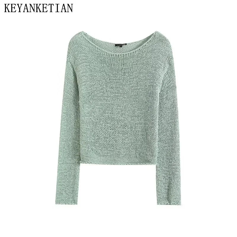 KEYANKETIAN 2024 Autumn New Women's Light green Sweater Simple style O-Neck Long Sleeve Soft Loose Pullover Cropped Knitted Top