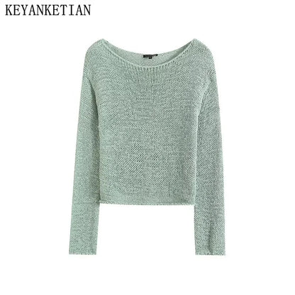 KEYANKETIAN 2024 Autumn New Women's Light green Sweater Simple style O-Neck Long Sleeve Soft Loose Pullover Cropped Knitted Top