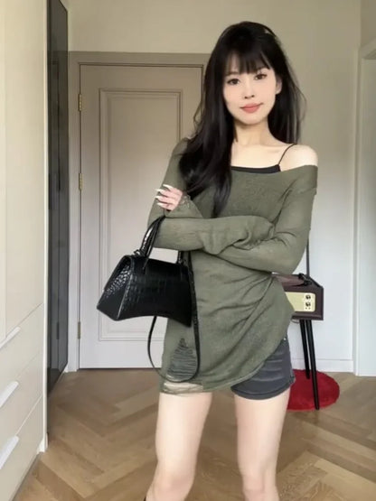 Punk Gothic Mid-long Length Knitted Tops Women 2024 Solid Hollow Out Hole Y2k Aesthetic Slash Neck Streetwear Pullover Female