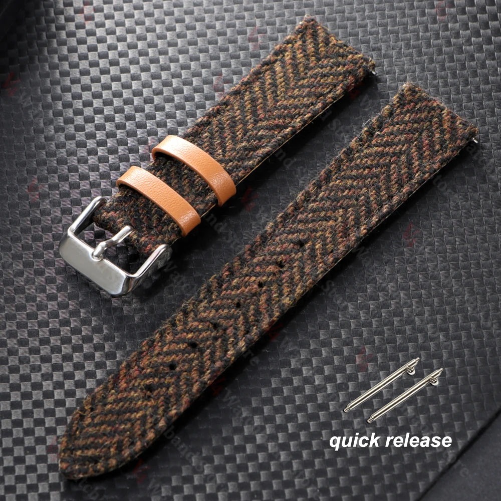 18mm 20mm 22mm Woven Tweed Fabric Strap Two-Sided Nylon Cowhide Watchband Quick Release Band Business Wristband Belt Accessories