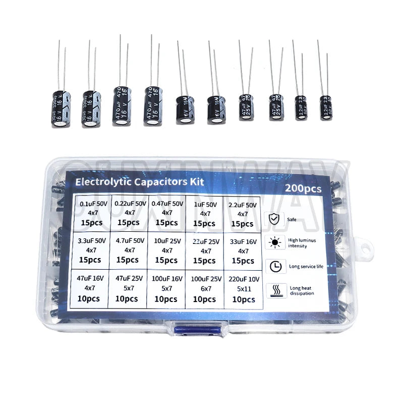 200pcs 15Values 10V 16V 25V 50V 0.1uF-220uF 0.22uf 2.2uf 100uf Radial capacitors set Electrolytic Capacitor Assortment Kit