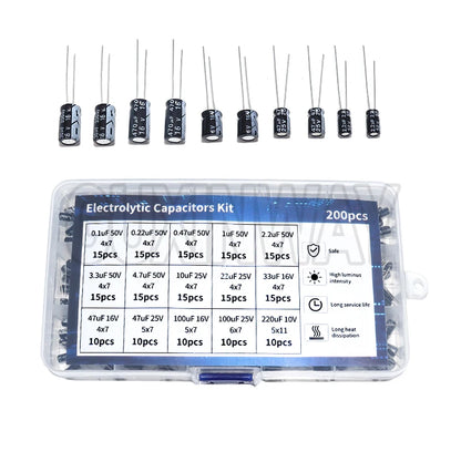 200pcs 15Values 10V 16V 25V 50V 0.1uF-220uF 0.22uf 2.2uf 100uf Radial capacitors set Electrolytic Capacitor Assortment Kit