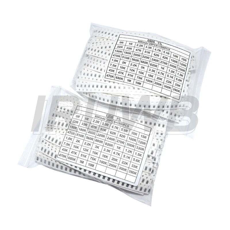 1500PCS/Set Resistors Assorted Set SMD 60 Values X 25Pcs 0R-10M Ohm 1% High Precision Film Chip Resistance Kit 0603 0805