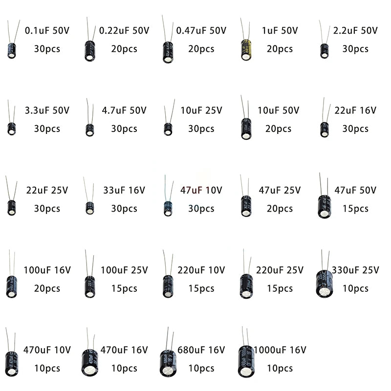 500Pcs/lot 0.1UF-1000UF 24Values Aluminum Electrolytic Capacitors 10-50V mix Electrolytic capacitor Assorted kit and storage box