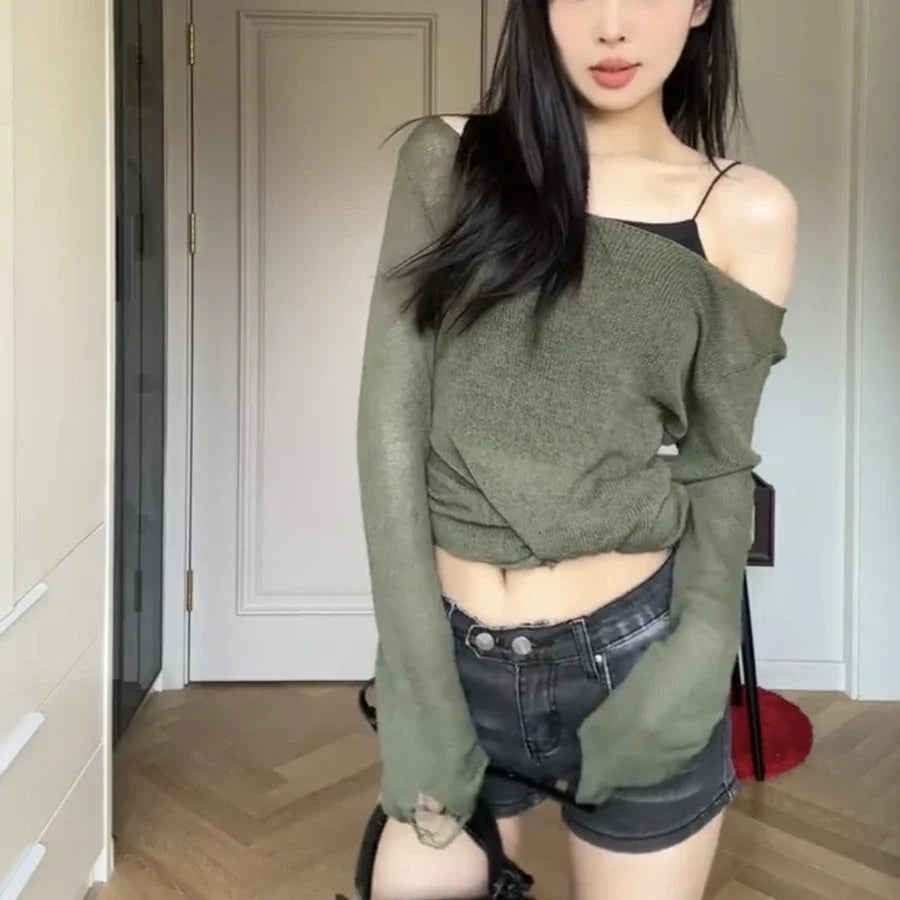 Punk Gothic Mid-long Length Knitted Tops Women 2024 Solid Hollow Out Hole Y2k Aesthetic Slash Neck Streetwear Pullover Female