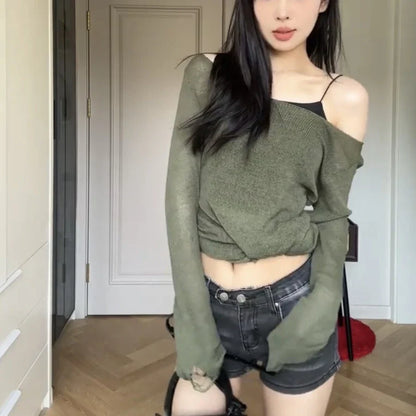 Punk Gothic Mid-long Length Knitted Tops Women 2024 Solid Hollow Out Hole Y2k Aesthetic Slash Neck Streetwear Pullover Female