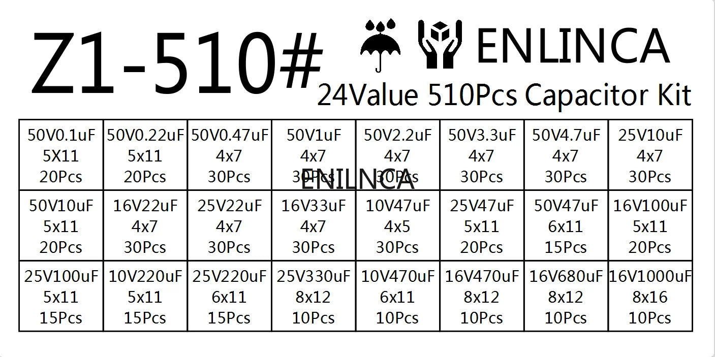 510Pcs/lot 24 Values10V/16V/25V/50V (0.1uF~1000uF)Electrolytic capacitor Assorted capacitors assortment samples electronic kits