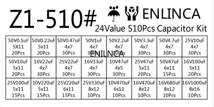 510Pcs/lot 24 Values10V/16V/25V/50V (0.1uF~1000uF)Electrolytic capacitor Assorted capacitors assortment samples electronic kits