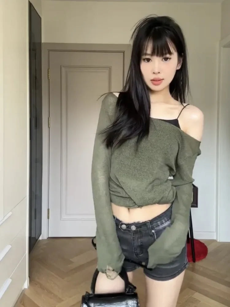 Punk Gothic Mid-long Length Knitted Tops Women 2024 Solid Hollow Out Hole Y2k Aesthetic Slash Neck Streetwear Pullover Female