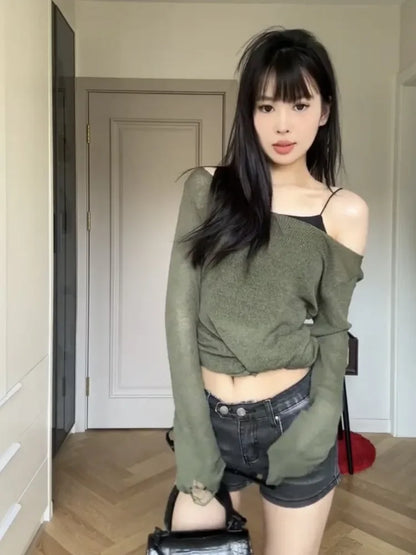 Punk Gothic Mid-long Length Knitted Tops Women 2024 Solid Hollow Out Hole Y2k Aesthetic Slash Neck Streetwear Pullover Female