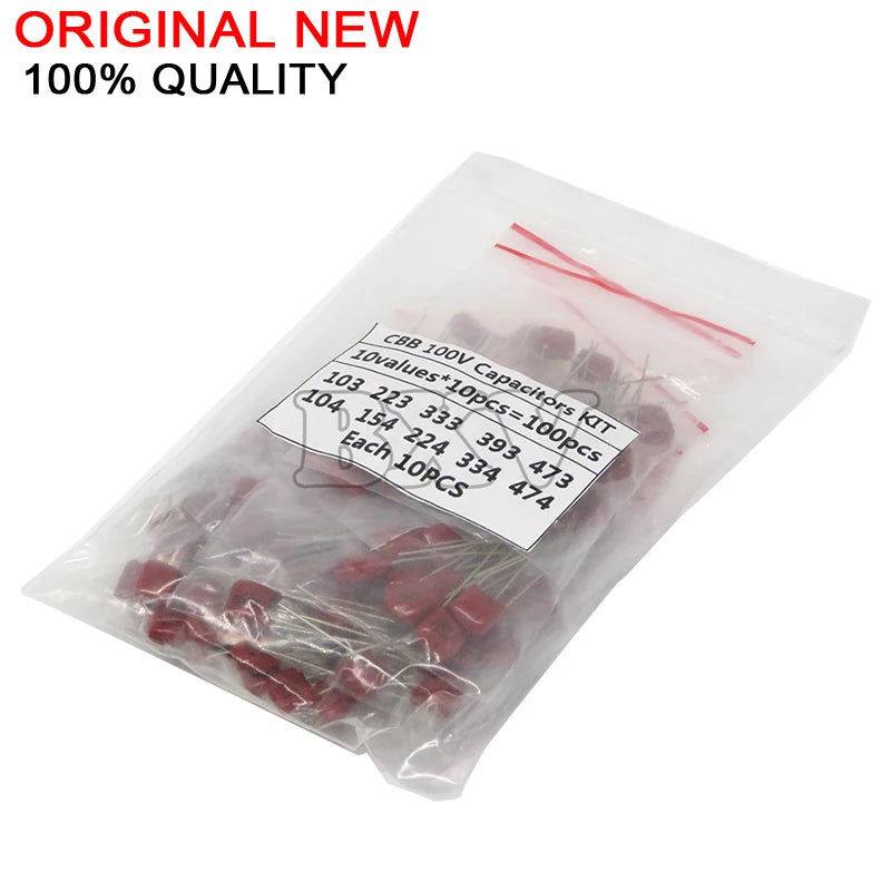 100PCS=10Value*10PCS Metallized Polyester Film Capacitors CBB Assortment Kit 100V 10nF ~ 470nF