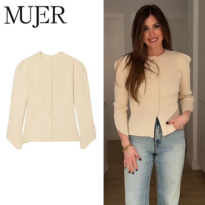 MUJER 2026 Knit Polo Cardigan Women Puff Sleeve Knitwears Women's Sweaters Fashion Summer Cardigans for Woman Button Tops Jersey