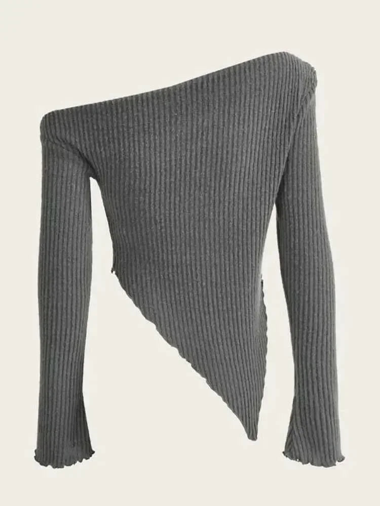 Women Grunge Punk Asymmetrical Neck Rib Knit Long Sleeve Top Handkerchief Hem Tee Shirt Y2K Clothes Streetwear 2024 Fall Winter