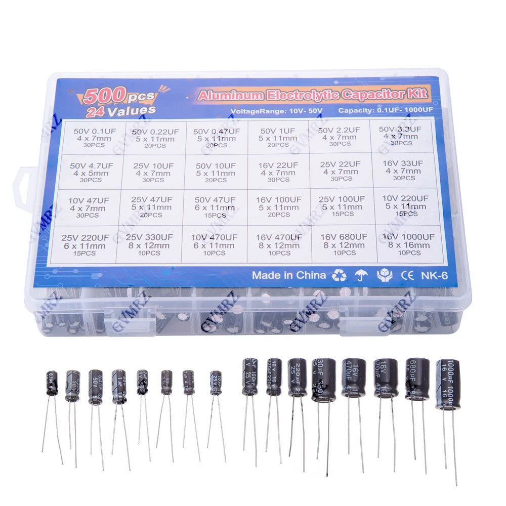 500PCS/lot 16-50V mix Electrolytic capacitor Assorted kit and storage box 0.1UF-1000UF 24Values Aluminum Electrolytic Capacitors
