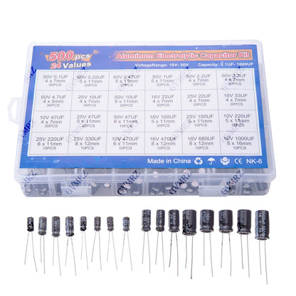 500PCS/lot 16-50V mix Electrolytic capacitor Assorted kit and storage box 0.1UF-1000UF 24Values Aluminum Electrolytic Capacitors