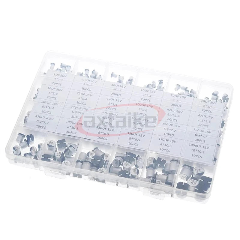 400Pcs 1UF~1000UF 10V 16V 25V 35V 50V 100V 24 Value 47uF 680uF SMD Aluminum Electrolytic Capacitors Assortment Kit + Box