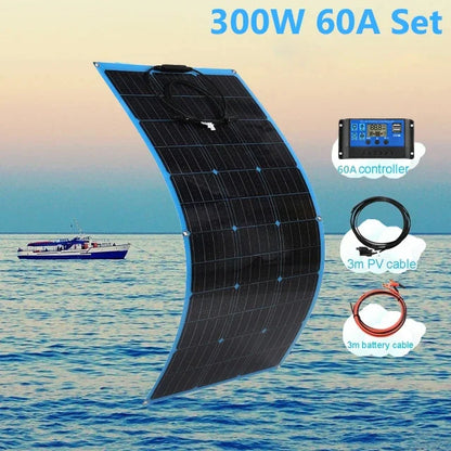 Solar Panel Kit 300W 600W 12V Battery Charger Flexible Solar Energy Power with 60A Controller Outdoor for Car RV Marine Camper