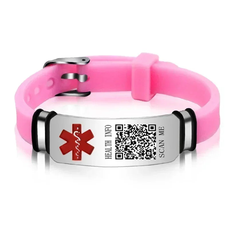 Functional Stainless Steel QR Code Health Wristband with Adjustable Emergency Medical ID Silicone Sports Wristband