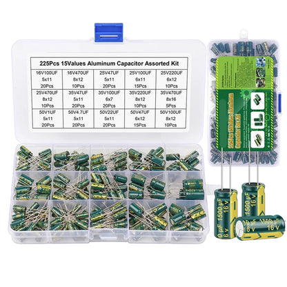 15/24/36 Values 225Pcs Aluminum Electrolytic Capacitors Aluminum Electrolytic Capacitors Assortment Kit for DIY Projects