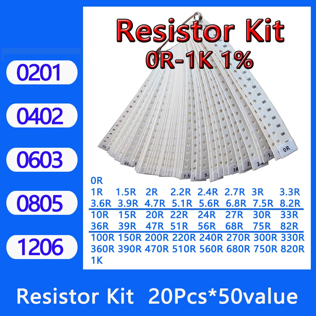Resistor kit 0201 0402 0603 0805 1206 smd Resistor package 50values*20PCS=1000PCS 1% Sample Kit Resisor 1ohm 47ohm 1kohm 10kohm