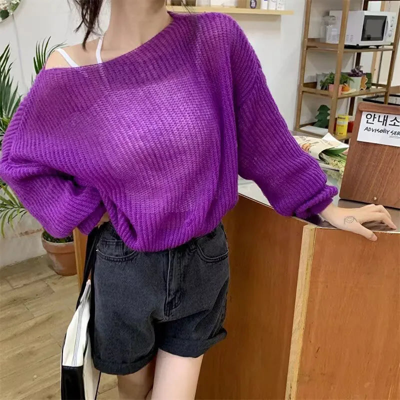 Simple Hollow Out Knitting Sweater Women Lazy Style Off Shoulder Thin Pullover Sweater Female Trendy Loose All-Match Knit Jumper