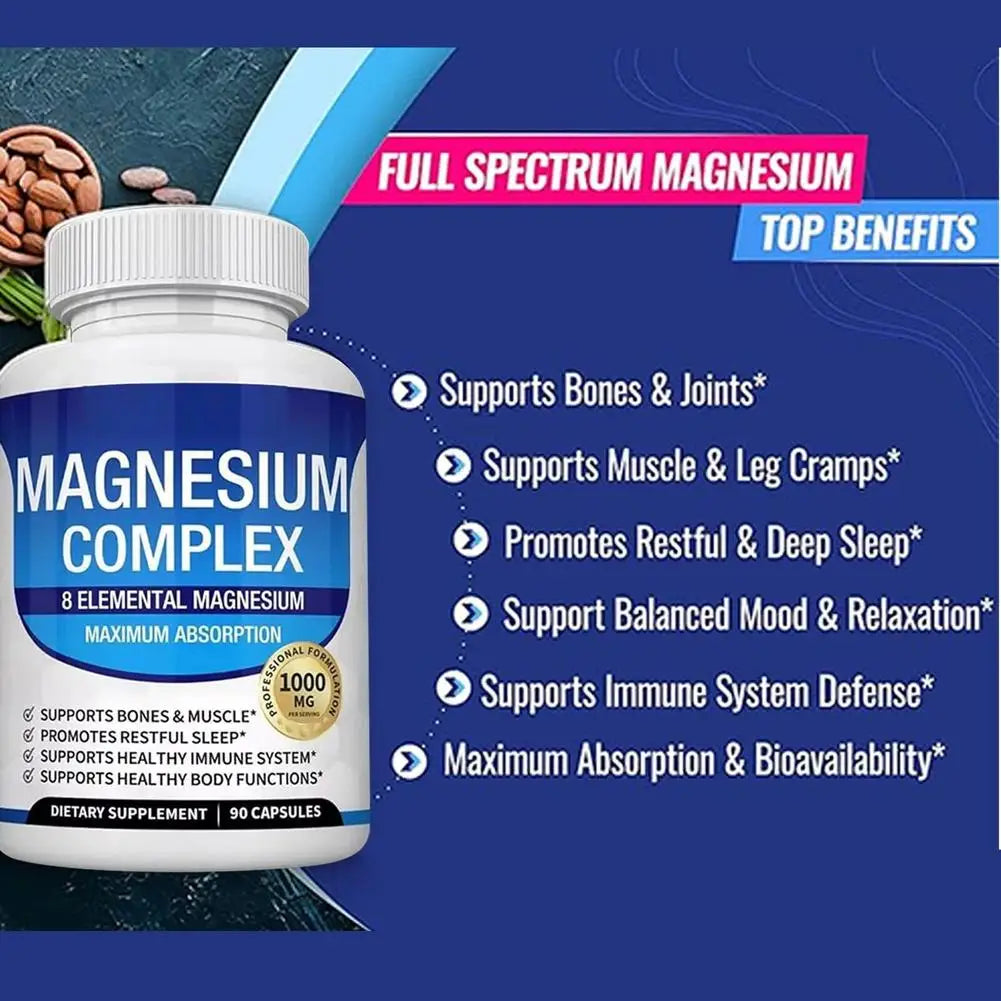 Magnesium Composite Capsules 1000mg Support Muscle Relaxation Relieve Stress Bone Health Dietary Supplement Health Care