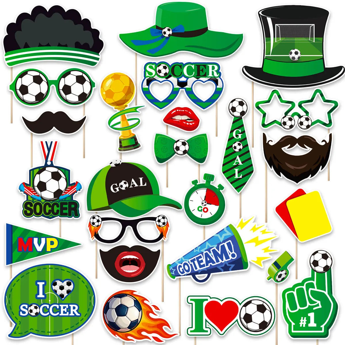 25Pcs Soccer Game Football Sports Photo Shoot Props Supply Party Funny DIY Glasses Lips Photo Booth Prop Birthday Backdrop Decor