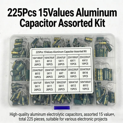 225Pcs/Box Capacitor Kit Aluminum Electrolytic Capacitors Set 15Values 16V-50V 1uF-470uF Assorted Kit Storage Low ESR