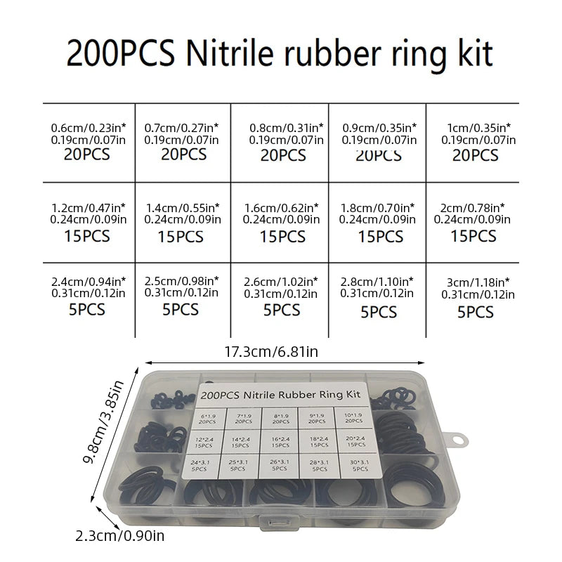 200pcs Rubber O-ring Boxed For Faucet Hose Connector Seal Valve Water Proof Machine Oil Proof Washer Combo Set Accessories