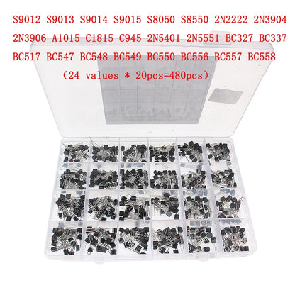 50-900PCS Transistors kit NPN PNP S8050 S8550 S9012 2N3904 2N3906 C1815 A1015 MJE13001 BC327 BC337 BC517 BC547 BC548 BC549 BC558