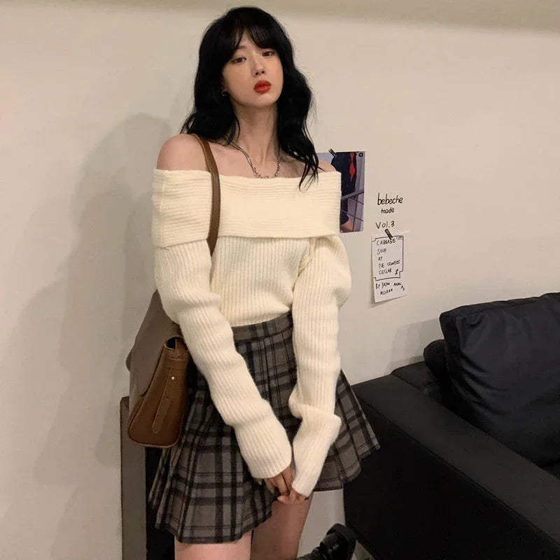 Smvp Slash Neck Knitted Sweater Women Sexy Off Shoulder Long Sleeve Pullovers Female Korean Elegant Thicken Slim Jumpers Top