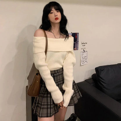 Smvp Slash Neck Knitted Sweater Women Sexy Off Shoulder Long Sleeve Pullovers Female Korean Elegant Thicken Slim Jumpers Top