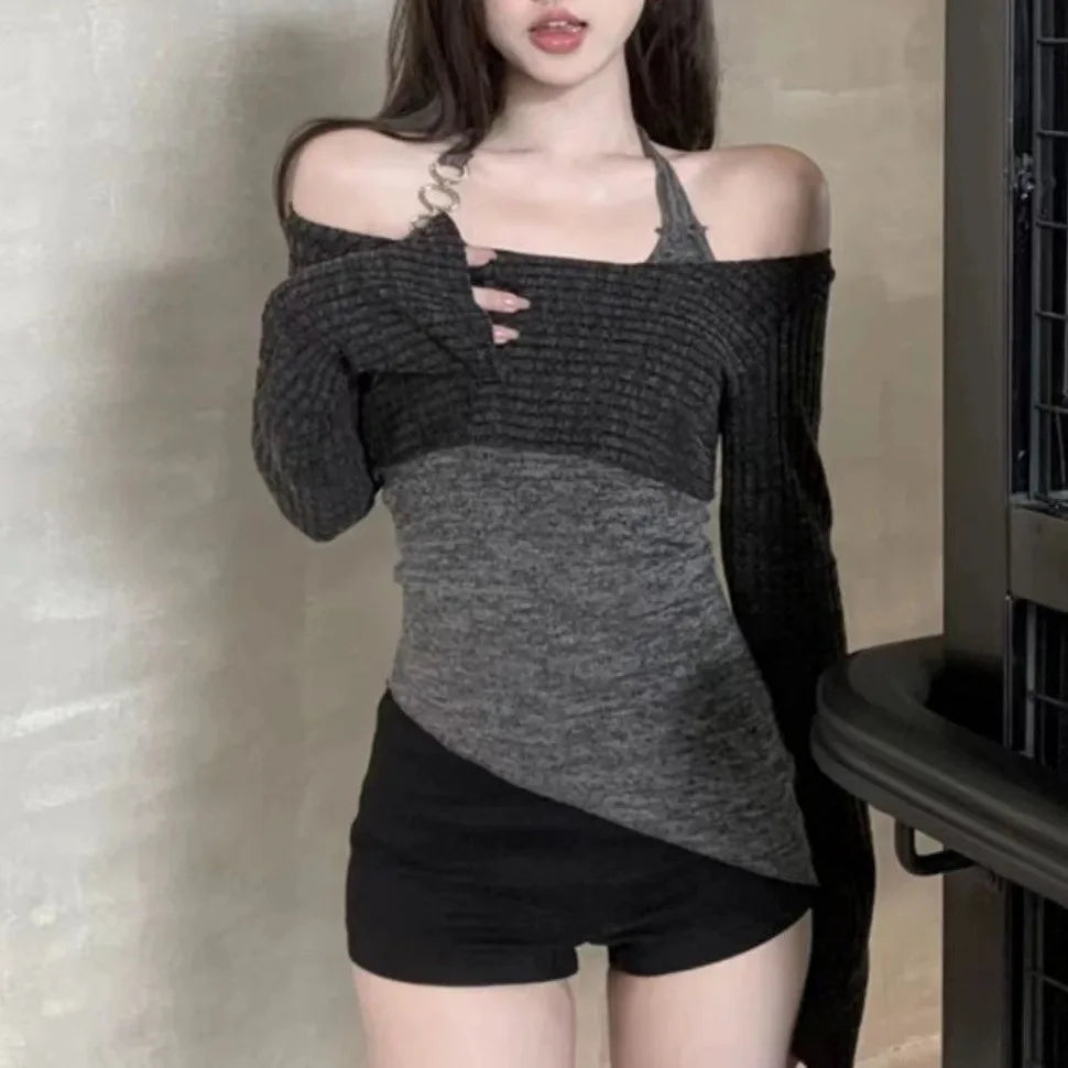 Women's Long Sleeve Knitted Sweater Set Shoulder Baring Design Slimming Base Layer Top Fashionable Casual Princess Sleeve Style