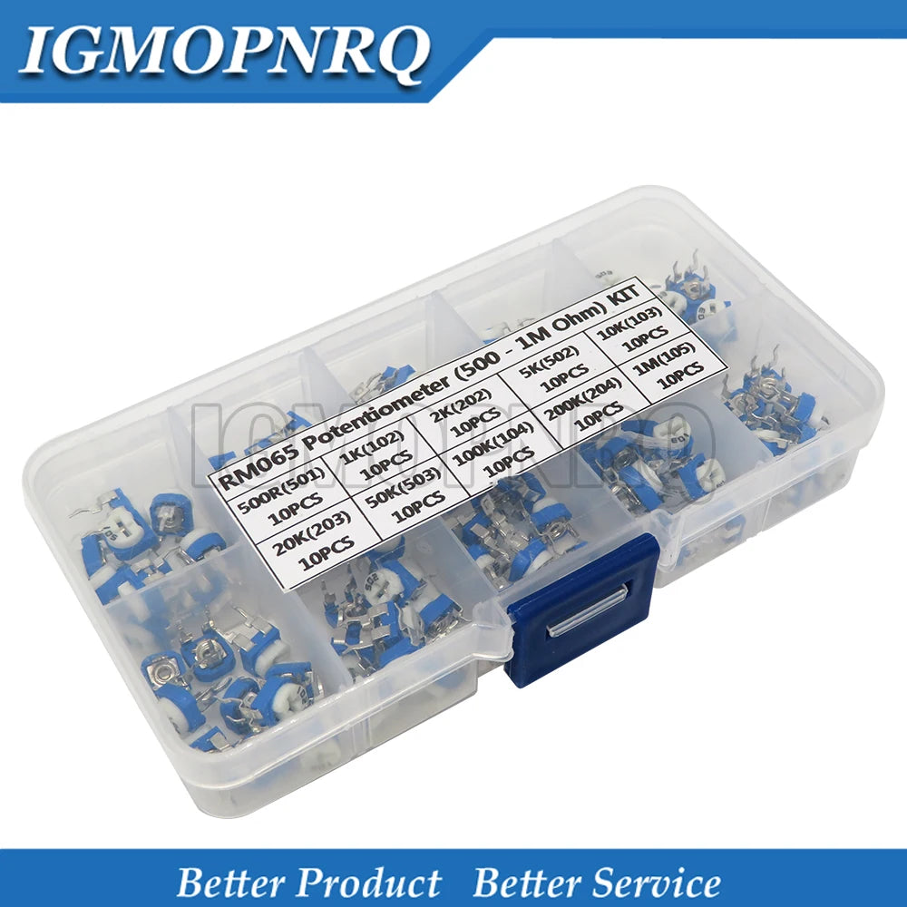 100PCS 10Values *10PCS RM065 Vertical Adjustable Resistor Kit In Box 500 ohm-1M ohm Multiturn Trimmer Potentiometer Set