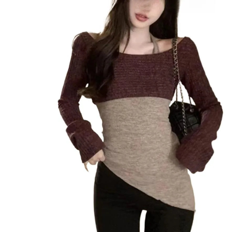 Women's Long Sleeve Knitted Sweater Set Shoulder Baring Design Slimming Base Layer Top Fashionable Casual Princess Sleeve Style