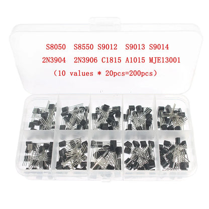 50-900PCS Transistors kit NPN PNP S8050 S8550 S9012 2N3904 2N3906 C1815 A1015 MJE13001 BC327 BC337 BC517 BC547 BC548 BC549 BC558