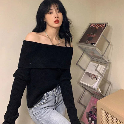 Smvp Slash Neck Knitted Sweater Women Sexy Off Shoulder Long Sleeve Pullovers Female Korean Elegant Thicken Slim Jumpers Top