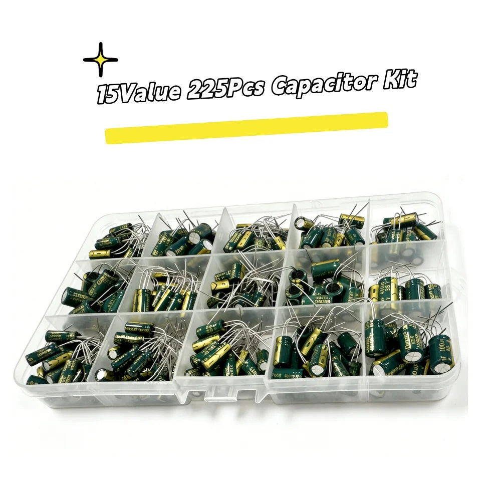 225Pcs/Box Capacitor Kit Aluminum Electrolytic Capacitors Set 15Values 16V-50V 1uF-470uF Assorted Kit Storage Low ESR
