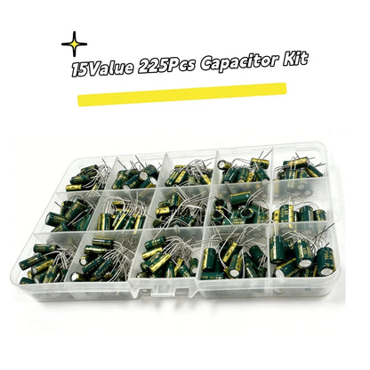 225Pcs/Box Capacitor Kit Aluminum Electrolytic Capacitors Set 15Values 16V-50V 1uF-470uF Assorted Kit Storage Low ESR